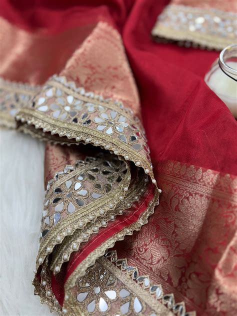Bold Red Banarasi Rajkumari Mirror Work Tissue Silk Saree – Hanfi ...