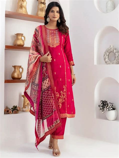Buy Coral Red Zari Weaving Jacquard Pant Suit From Ethnic Plus