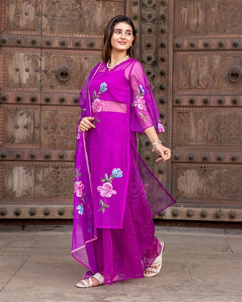 Buy Purple Handpainted Organza Suit Set online in India – Ambraee