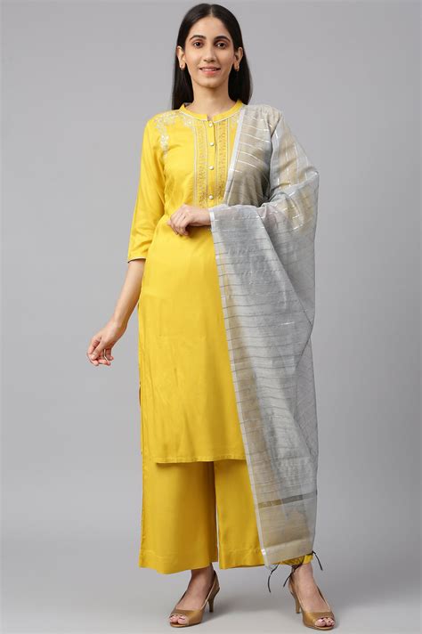 Buy Yellow Embroidered kurta-Palazzo-Silver Dupatta Set Online for ...