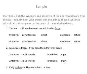 Synonyms/Antonyms MC/Fill-in-Blanks by Amy's Speech Pathology Materials