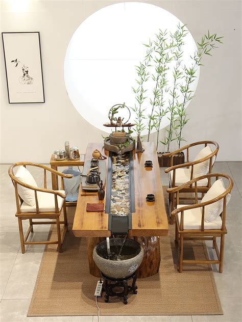 新中式流水茶台桌 禅意接待铁艺泡茶桌 循环景观功夫茶艺桌椅组合-阿里巴巴