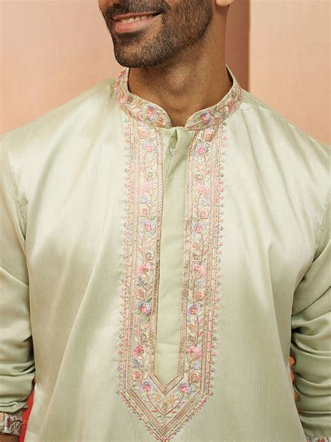 Men's Pista Green Embroidered Kurta Set | VASTRAMAY – vastramay