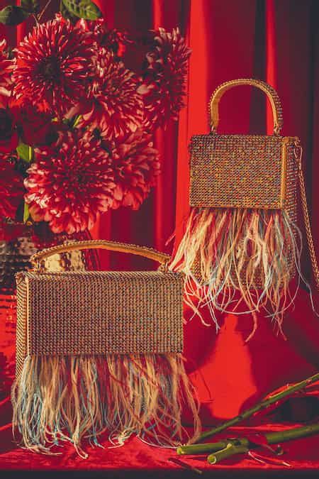 Buy Gold Swarovski Stones Sheet Work And Synthetic Fur Tassels Box Bag ...