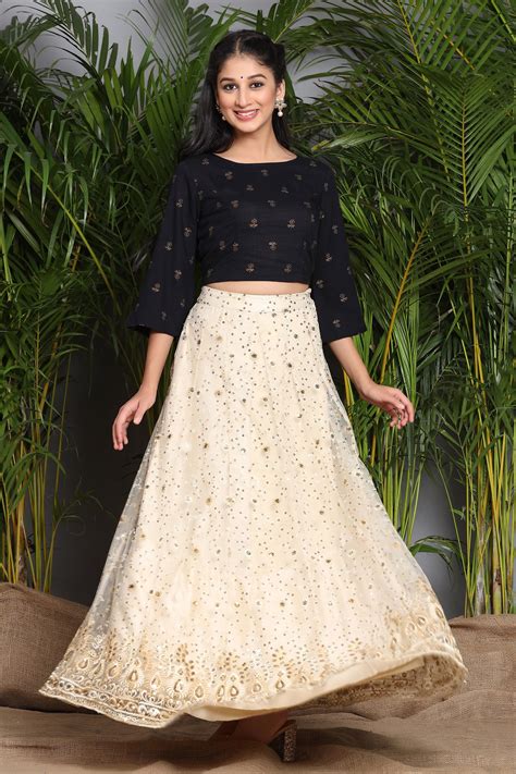 Ivory Floral Rayon Slub Lehenga Choli Set with Sequins | Juniper