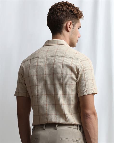 Buy Beige Dobby Check Slim Fit Casual Shirt Online at Muftijeans