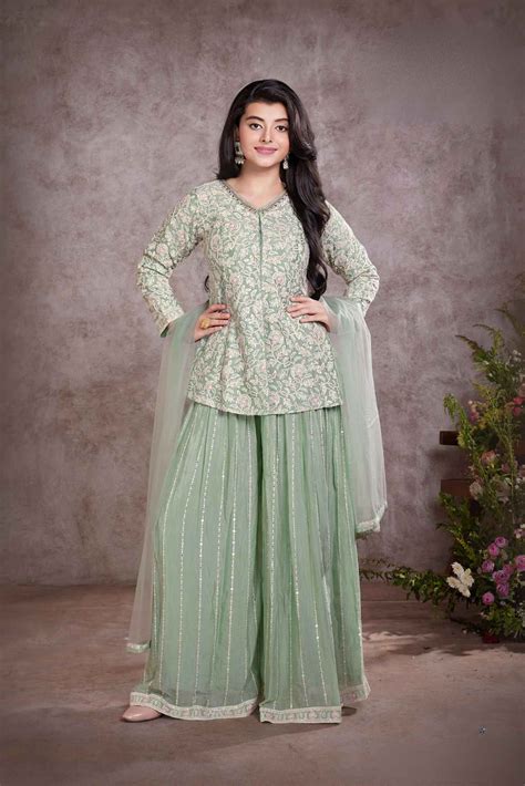 Designer Pista Green Sequined And Embroidered Palazzo Set For Girls ...