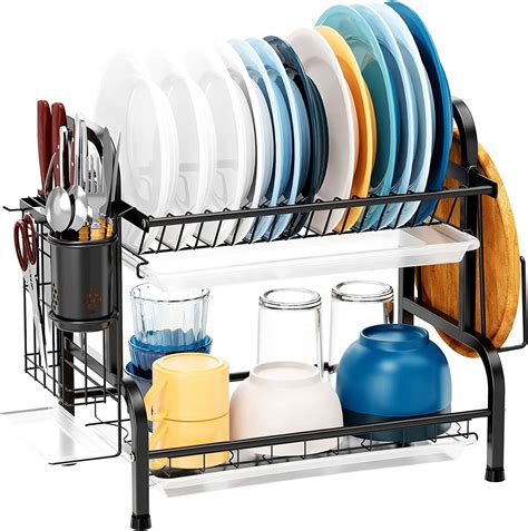 Lucario 2 Tier Black Dish Drainer Rack, Stainless Steel Dish Drying ...