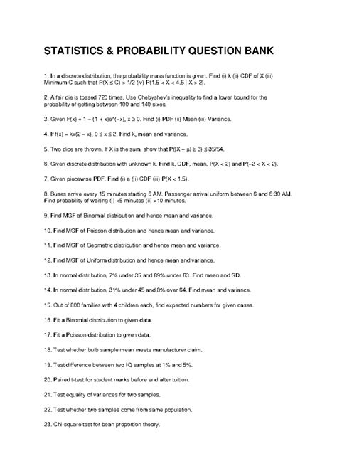 STATISTICS PROBABILITY QUESTION BANK (STAT 101) - Studocu