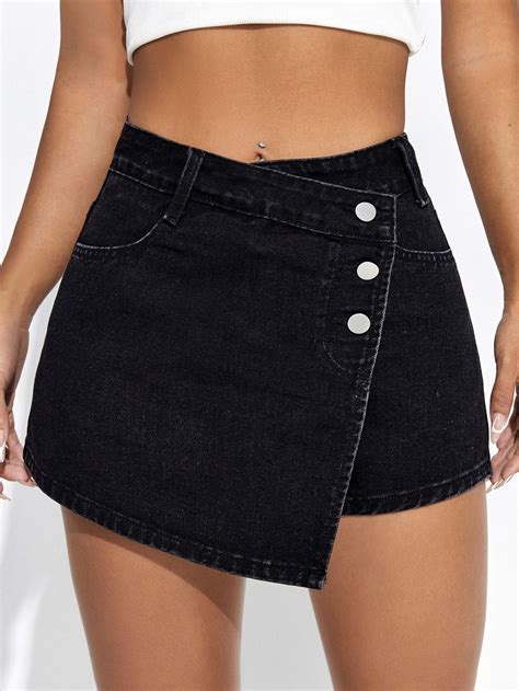 Button Front Wrap Hem Denim Skort | Preppy summer outfits, Denim skirt ...
