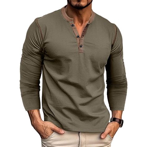 Men's Henley Shirts Classic Casual Basic Tee Shirts Long Sleeve Cotton ...