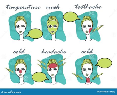 Cold and Flu Season Illustration of Woman with Headache, Toothache, Cold, Temperature, Mask ...