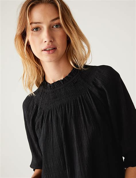 Buy Cotton Blend Shirred Puff Sleeve Blouse at Marks & Spencer