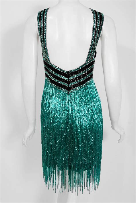 1991 Bob Mackie Couture Documented Teal Black Beaded Flapper Fringe ...