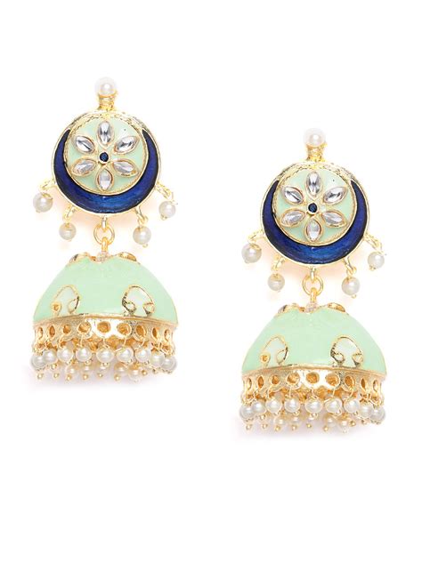 Sea Green & Gold-Toned Gold Plated Dome Shaped Handcrafted Jhumkas