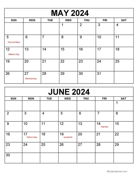 May And June 2024 Calendar With Holidays | Printable Calendar 2025