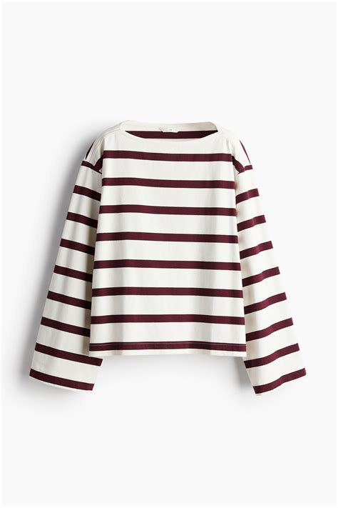 Oversized boat-neck top - White/Burgundy striped - Ladies | H&M IN