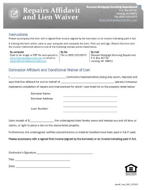 Reverse Mortgage Repairs Affidavit and Lien Waiver - Blank Fillable ...