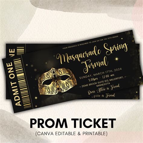 Prom Ticket Template, Prom Masquerade Theme Ticket, Ticket Template, Prom Masquerade Party ...