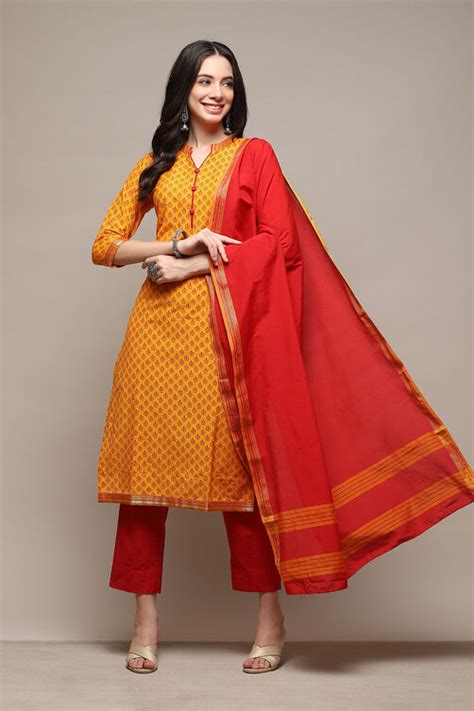 Orange Cotton Handloom Unstitched Suit Set at Biba India