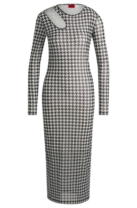 HUGO - Houndstooth mesh midi dress with cut-out neckline - White / Black