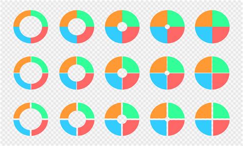 conjunto de gráficos circulares y de anillos. diagramas circulares divididos en 4 secciones ...