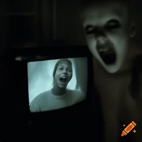 Dark selfie in room with creepy person yelling in front of tv on Craiyon