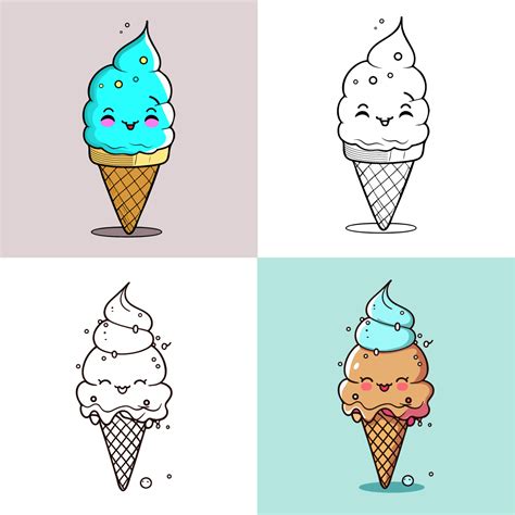 Cute Ice Cream Cartoon line art vector Icon illustration, Food drinks ...