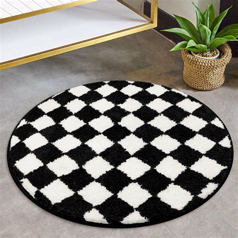 Amazon.com: Sivilife Checkered Round Bath Rugs, Machine Washable Black ...