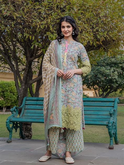 Sea Green And Yellow Floral Print Thread Work Pakistani Style Kurta Tr ...