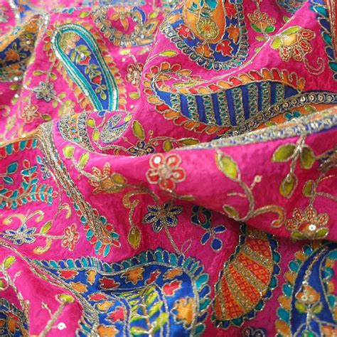 Pink Crepe Base Fabric with Multicolor Paisley Embroidery & Zari, Sequ ...