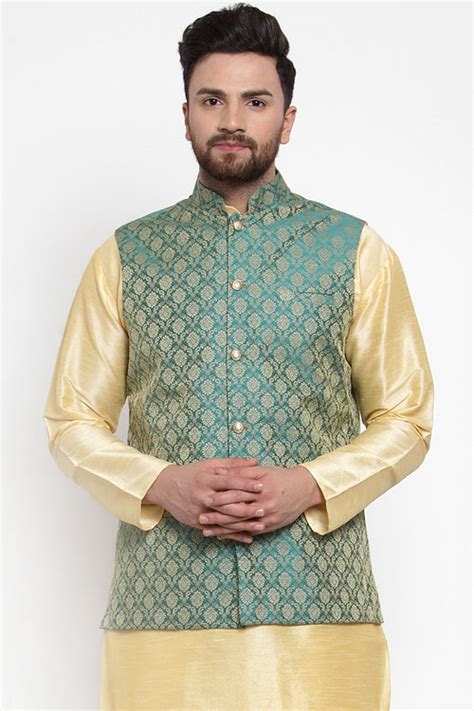 Jompers Men Green-Coloured & Golden Woven Design Nehru Jacket