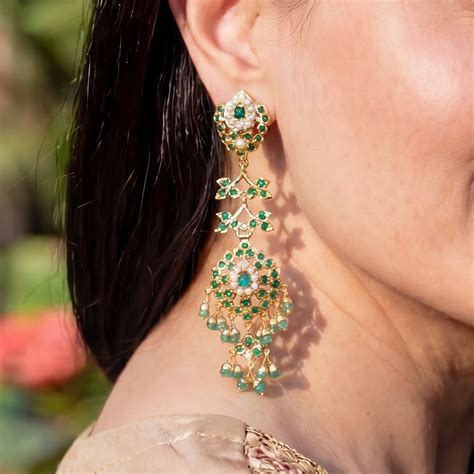 Elegant Gold Plated Silver Earrings | Emerald Green Color | Premium Ja