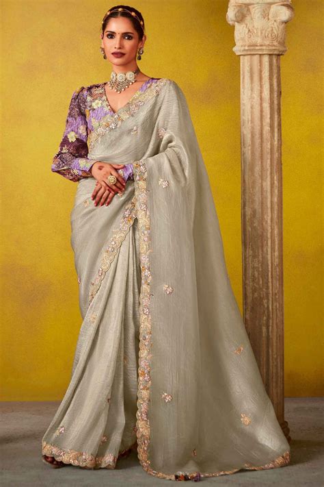 Buy Beige Color Organza Saree From Designer Lehenga Choli