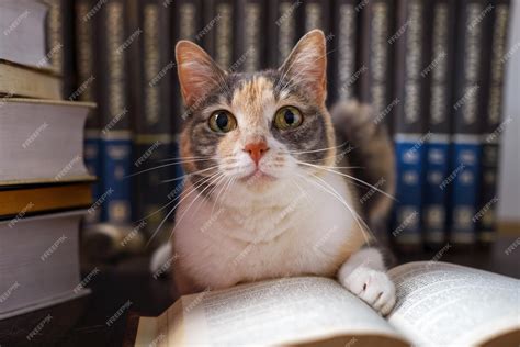 Premium Photo | Concept of reading world book day cat with books around ...