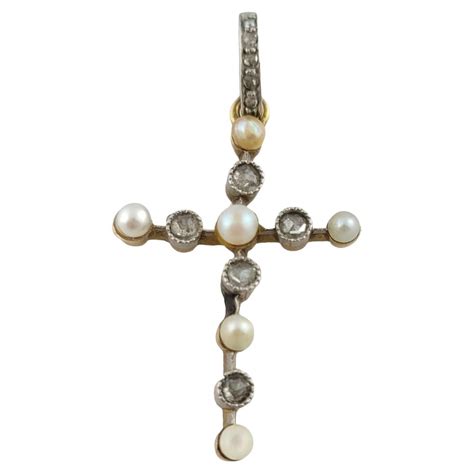 Superb Victorian Antique Diamond Pearl Gold Cross Pendant For Sale at ...