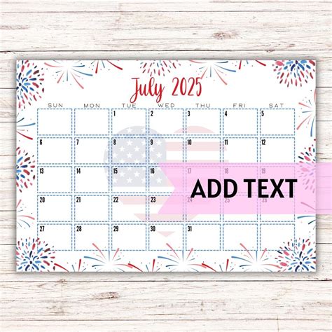 Buy EDITABLE Printable July Calendar 2025 | Cute 4th of July Calendar ...