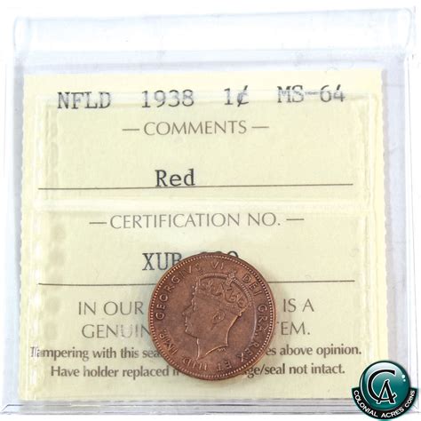 Newfoundland 1-cent 1938 ICCS Certified MS-64 Red. An attractive auburn ...