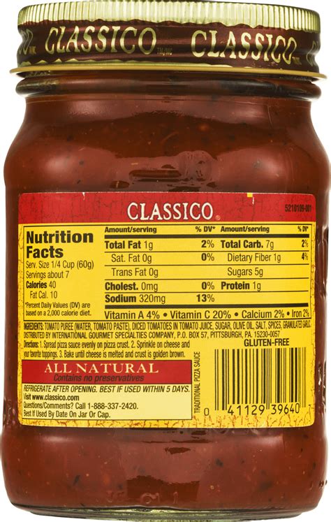 classico pizza sauce nutrition facts