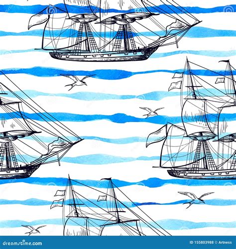 Marine Seamless Pattern with Sailing Ship Stock Vector - Illustration ...