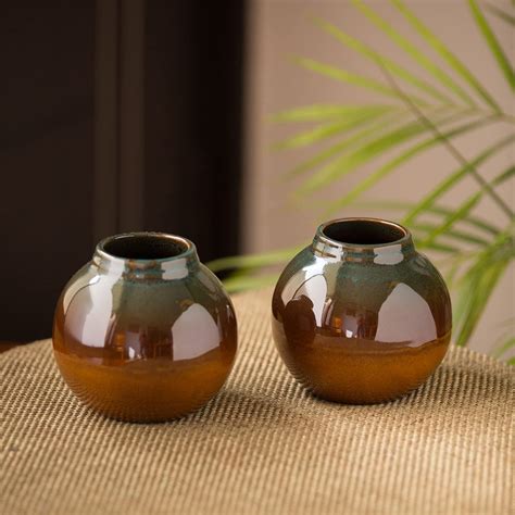 ExclusiveLane 'Amber & Teal' Studio Pottery Ceramic Flower Vases For ...