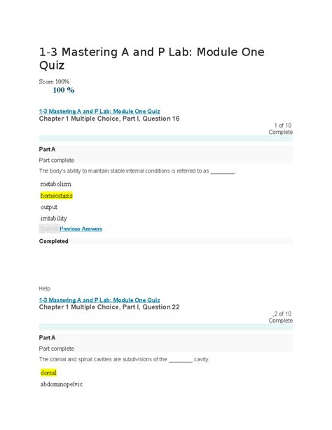 1-3 Mastering A and P Lab Module One Quiz - 1-3 Mastering A and P Lab ...