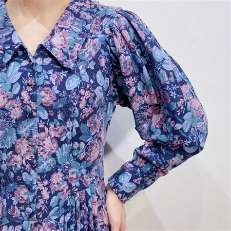 “Laura Ashley” blue flower printed long sleeves dress【292】 | LEMON