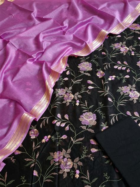 Pure Banarasi Chanderi Silk Jaal Embroidery Work Unstitched Suit With ...