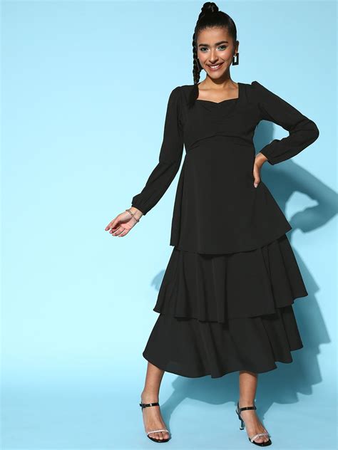 Women Solid Black Sweetheart Neck Puff Sleeve Flounce Tiered A-Line ...