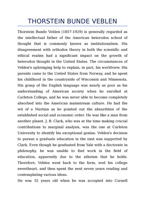 Brief NOTE ON Thorstein Bunde Veblen - THORSTEIN BUNDE VEBLEN Thorstein ...