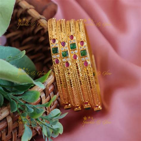 Ruby & Emerald Gold Polished Bangles, 2 Pairs – Sparkle and Glow