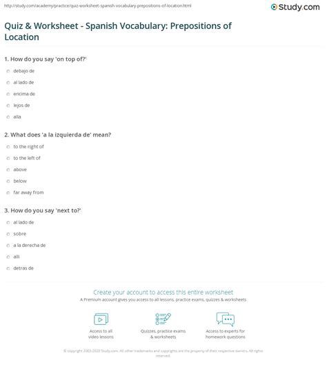 Quiz & Worksheet - Spanish Vocabulary: Prepositions of Location | Study.com