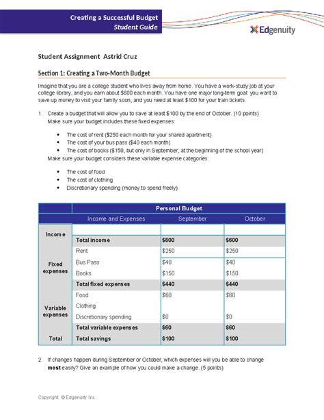 Astrid Cruz Budget project - Creating a Successful Budget Student Guide ...