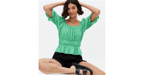 Green Gingham Square Neck Peplum Blouse | New Look